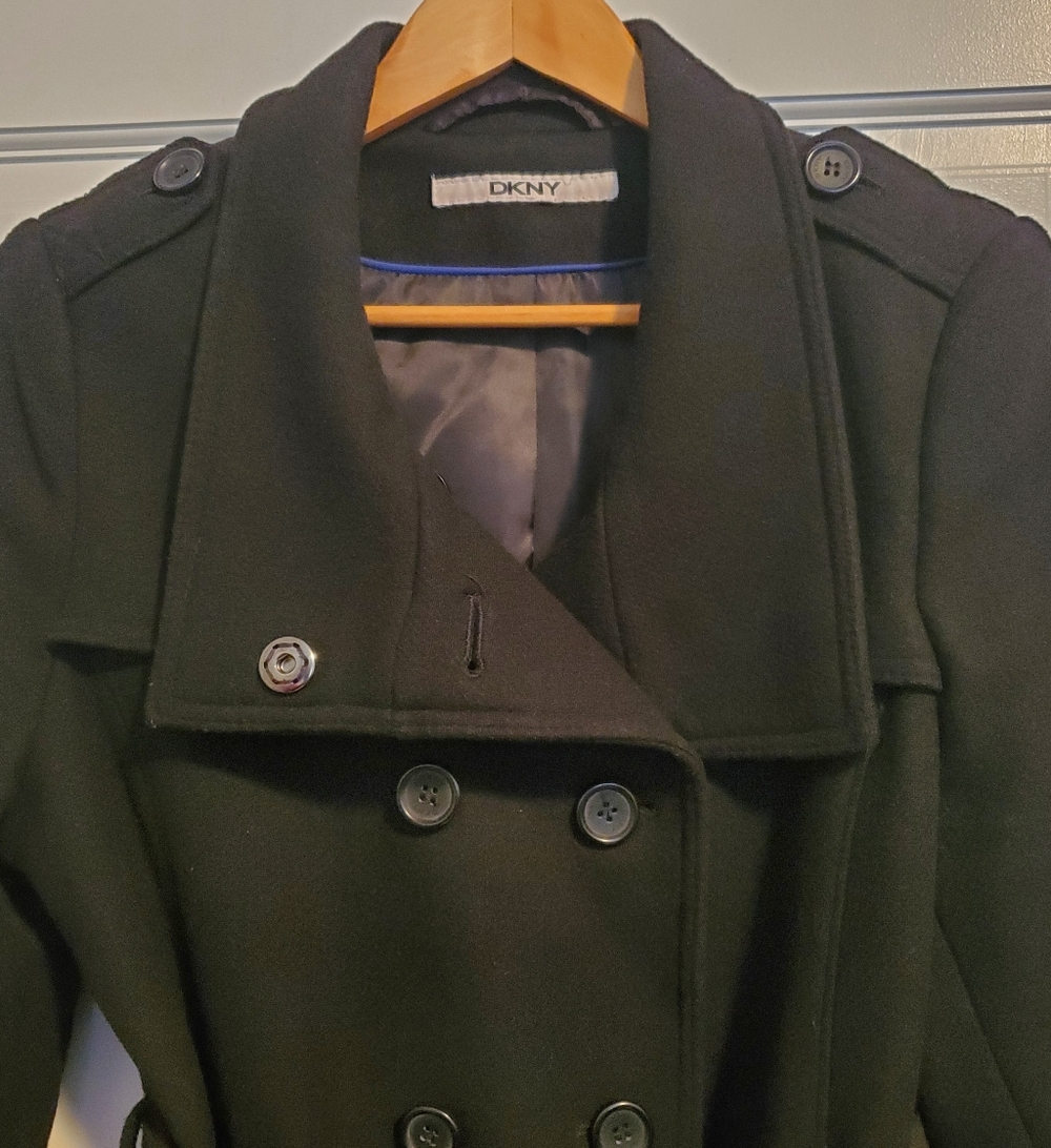 DKNY Women's Wool Blend Black Belted Trench Coat - Picture 2 of 14
